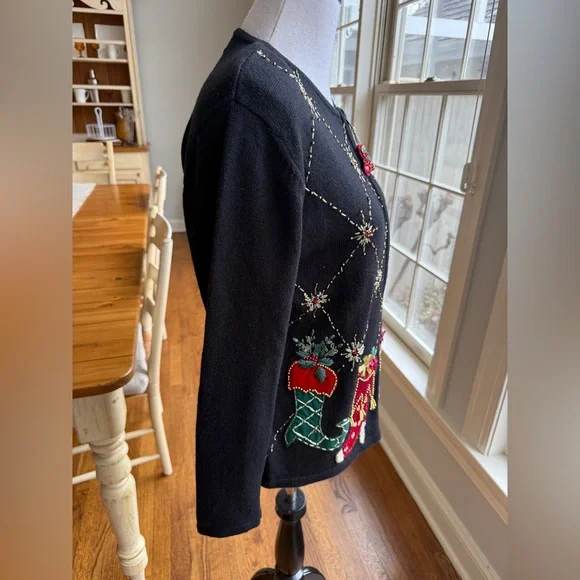 Heirloom Collectibles Y2K Black Zip Up Christmas Cardigan Sweater Ugly Sweater M - Picture 3 of 12